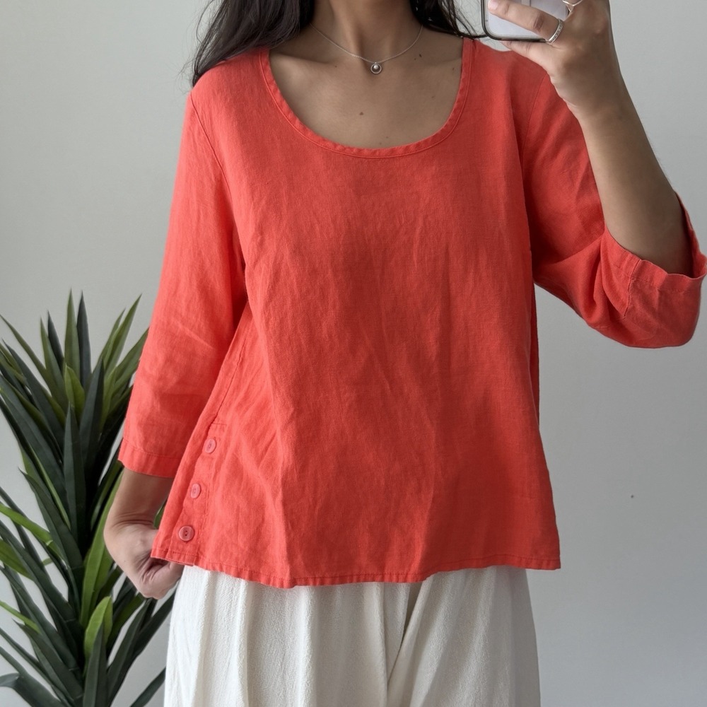 Flax Linen Blouse Womens Small Coral Button Side Tunic 3/4 Sleeve Boho Tunic